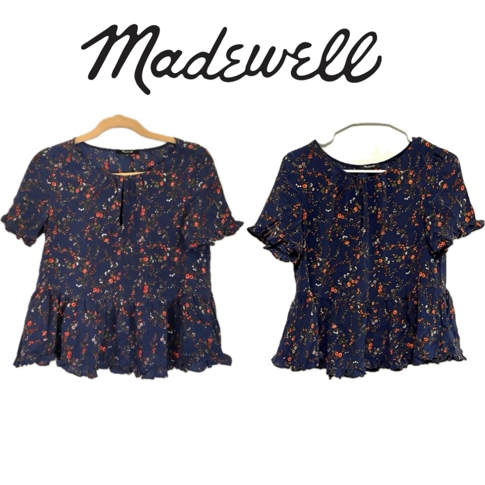 🍭Madewell navy blue silk rufflehem blouse with red floral print